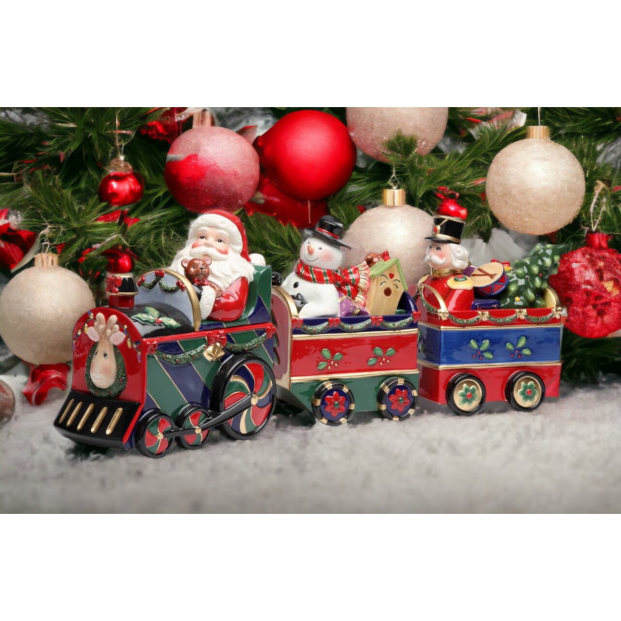 Christmas Decor Hand Painted Ceramic Train Set Canisters with Santa, Frosty